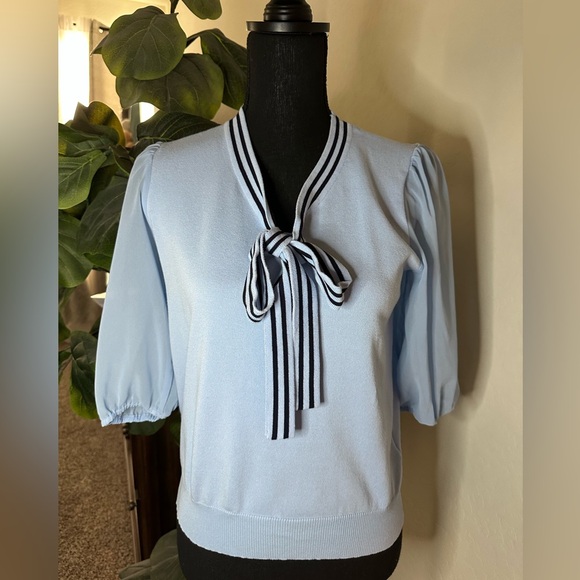 Light Blue Blouse with Striped Bow - Picture 1 of 8
